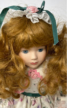 Load image into Gallery viewer, Vintage Curly Brown Hair And Blue Eyes Collectible Porcelain Doll In White Dress
