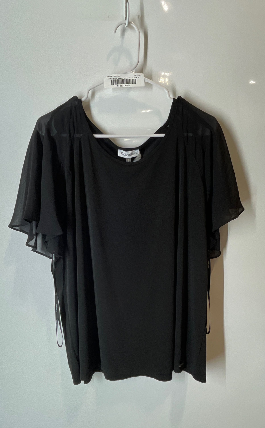 Calvin Klein Womens Black Flutter Sleeve Crew Neck Pullover Blouse Top Size XL
