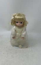 Load image into Gallery viewer, Antique Blonde Curly Hair Blue Eyes Ceramic Play Doll In Maxi Dress With Stand
