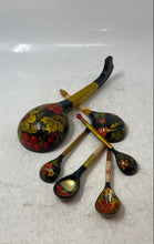 Load image into Gallery viewer, Vintage Soviet Khokhloma Wooden Floral Lacquer Spoons And Ladle Set Of 6 Pcs
