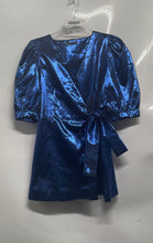 Load image into Gallery viewer, Zara Womens Blue Puff Sleeve V-Neck Front Tie Short Wrap Dress Size Large
