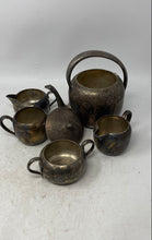 Load image into Gallery viewer, Lot Of 5 Pcs Vintage Keys Silver Tone Tea Pot With Sugar Bowls Creamer Cup Set
