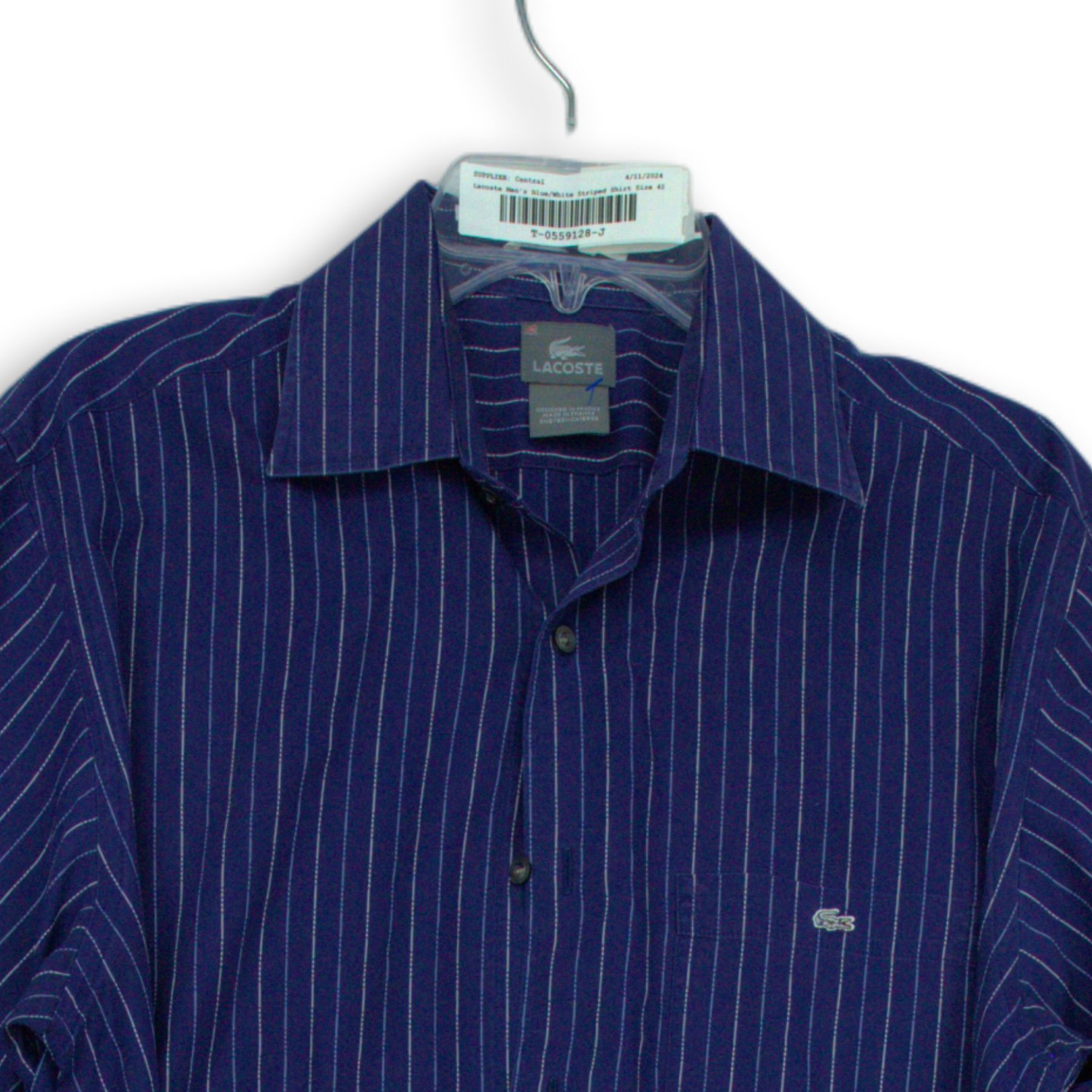 Lacoste Mens Blue White Striped Pocket Long Sleeve Dress Shirt Size 42 ...