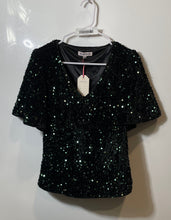 Load image into Gallery viewer, Nanette Lepore Womens Black Short Sleeve V-Neck Sequined Blouse Top Sz M W/ Tag

