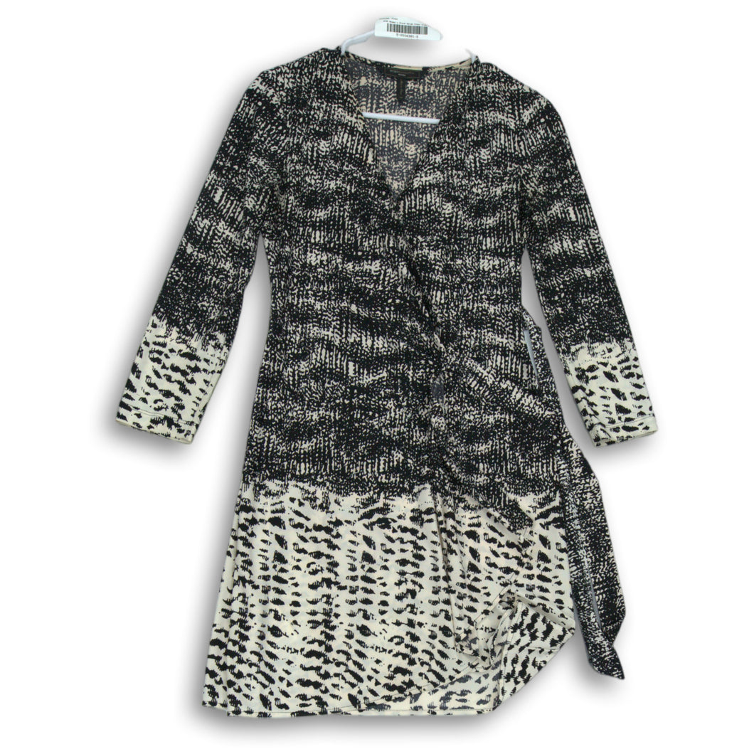 BCBGMAXAZRIA Womens Adele Black Beige Long Sleeve V-Neck Wrap Dress Size S