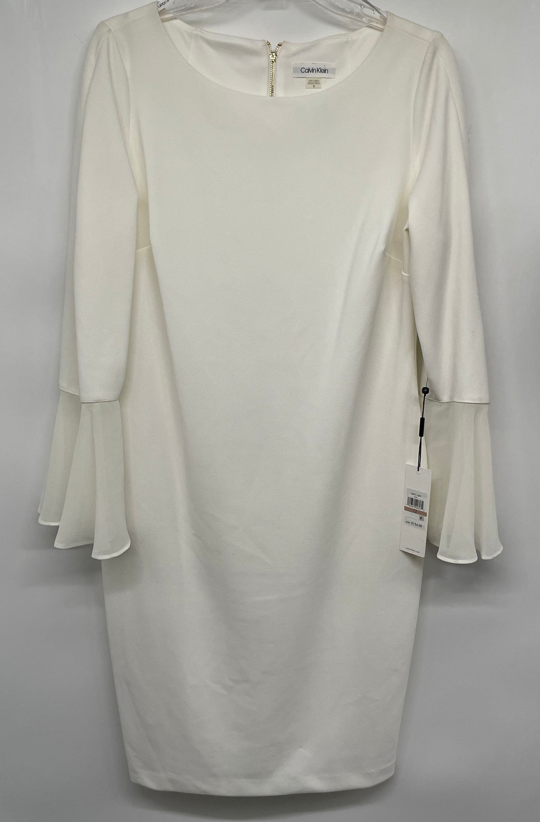 Calvin Klein Womens Off White Round Neck Bell Sleeve Sheath Dress Sz 12 w/ Tags