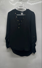 Load image into Gallery viewer, Guess Womens Black Long Roll Tab Sleeve Regular Fit Half Snap Blouse Top Size XS
