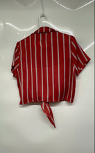 Load image into Gallery viewer, Forever 21 Womens Red Striped Short Sleeve Knot Button Front Cropped Top Size M

