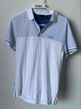 Load image into Gallery viewer, Hugo Boss Mens White Blue Spotted Short Sleeve Collared Slim Fit Polo Shirt Sz S
