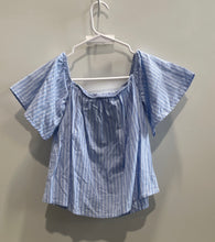 Load image into Gallery viewer, Express Womens Blue Striped Print Short Sleeve Off Shoulder Blouse Top Size S

