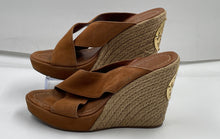 Load image into Gallery viewer, Authentic Tory Burch Womens Kristen Brown Wedge Sandals Size 7.5M Damaged Worn
