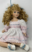 Load image into Gallery viewer, Blonde Curly Hair Blue Eyes Collectible Porcelain Doll With White Dress
