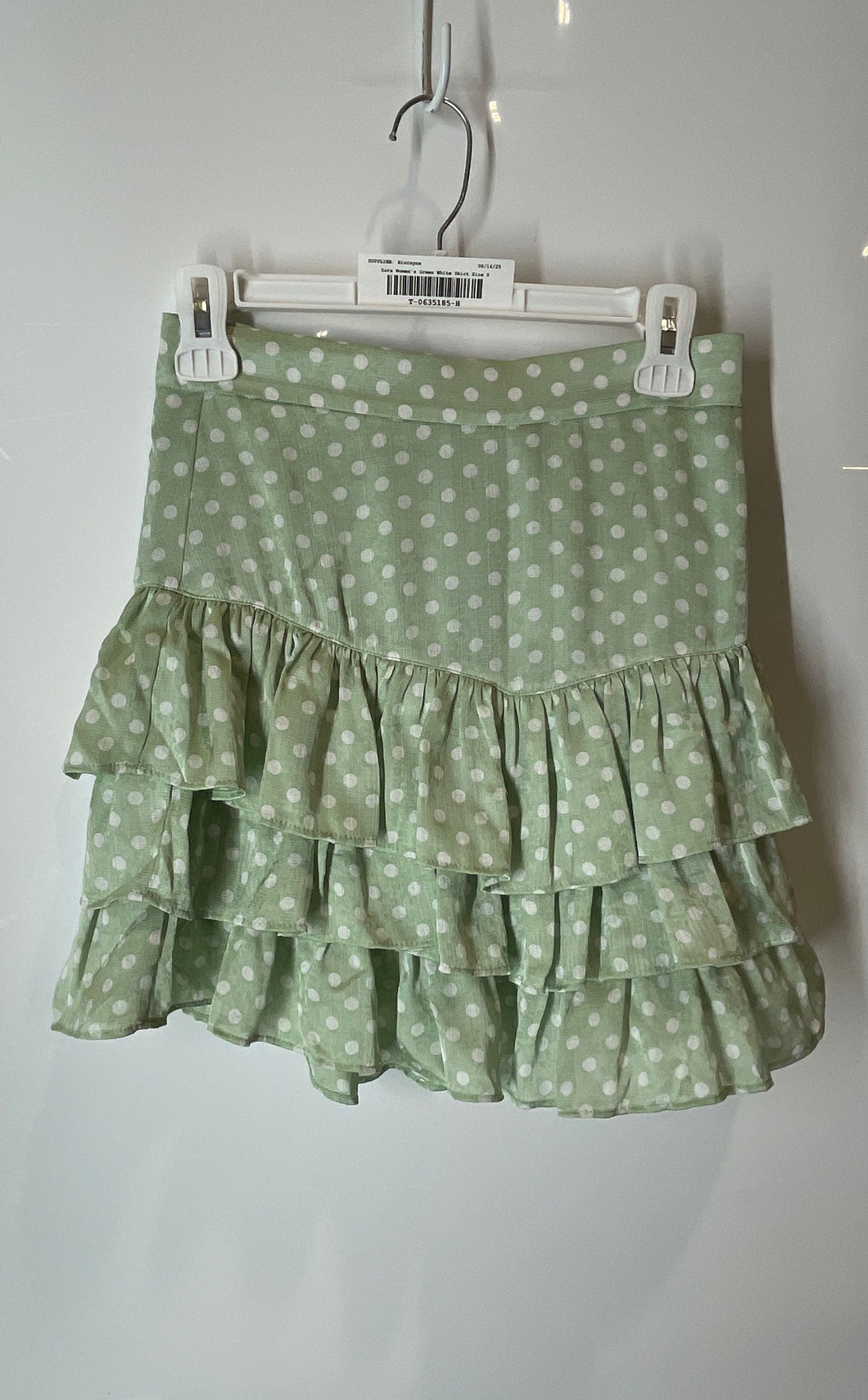 Zara Womens Green White Polka Dot Layered Ruffle Mini Skirt Size Small