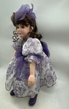 Load image into Gallery viewer, Curly Hair Brown Eyes Girl Porcelain Doll In Removable Purple White Maxi Dress
