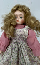 Load image into Gallery viewer, Vintage Blonde Curly Hair Green Eyes Porcelain Girl Doll In Cotton Floral Dress
