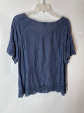 Load image into Gallery viewer, Ann Taylor Womens Blue Eyelet Short Sleeve Pullover Blouse Top Size Large
