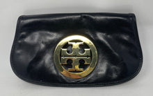 Load image into Gallery viewer, Authentic Tory Burch Womens Reva Black Leather Logo Flap Clutch Purse Damaged
