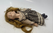 Load image into Gallery viewer, Vintage Unique Brown Hair And Eyes Blue Beige Dress Porcelain Doll
