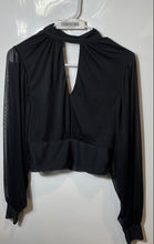 Load image into Gallery viewer, Express Womens Black Long Sleeve High Neck Back Button Cropped Blouse Top Size S
