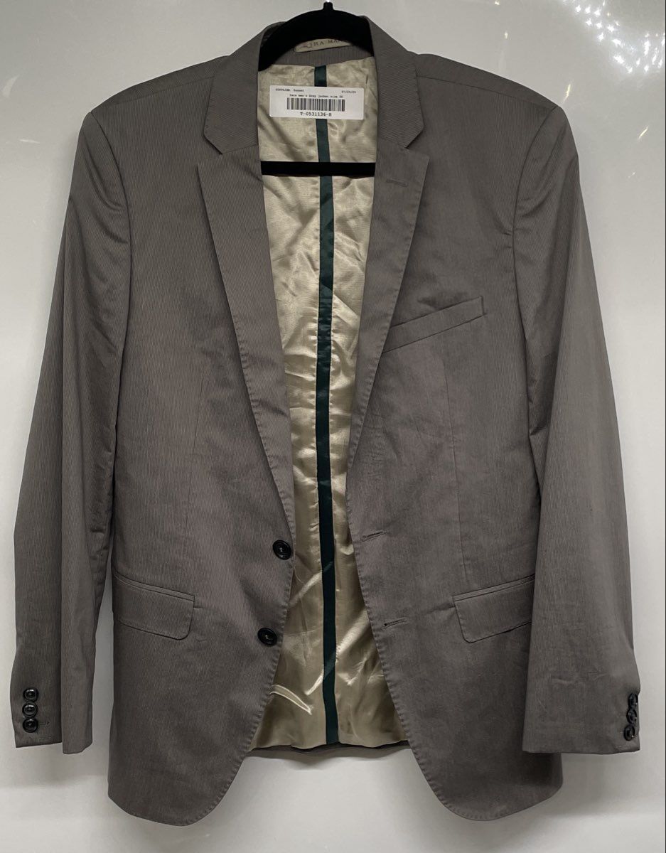 Zara Mens Gray Notch Lapel Single-Breasted Two-Button Blazer Jacket Size 36