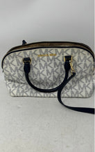 Load image into Gallery viewer, Michael Kors Womens White Navy Signature Print Detachable Strap Satchel Handbag
