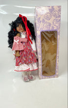 Load image into Gallery viewer, UG Collector Floral Red Dress Curly Black Hair Porcelain Doll In Box
