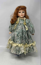 Load image into Gallery viewer, Vintage Collectible Brown Curly Hair Porcelain Doll In Victorian Dress w/ Stand
