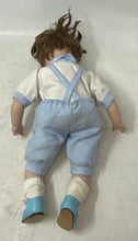 Load image into Gallery viewer, Vintage Brown Hair Blue Eyes Collectible Porcelain Baby Doll In White Blue Dress
