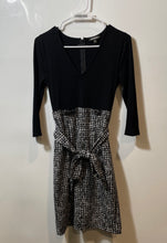 Load image into Gallery viewer, Express Womens Black White Tweed 3/4 Sleeve V-Neck Belted A-Line Dress Size XS
