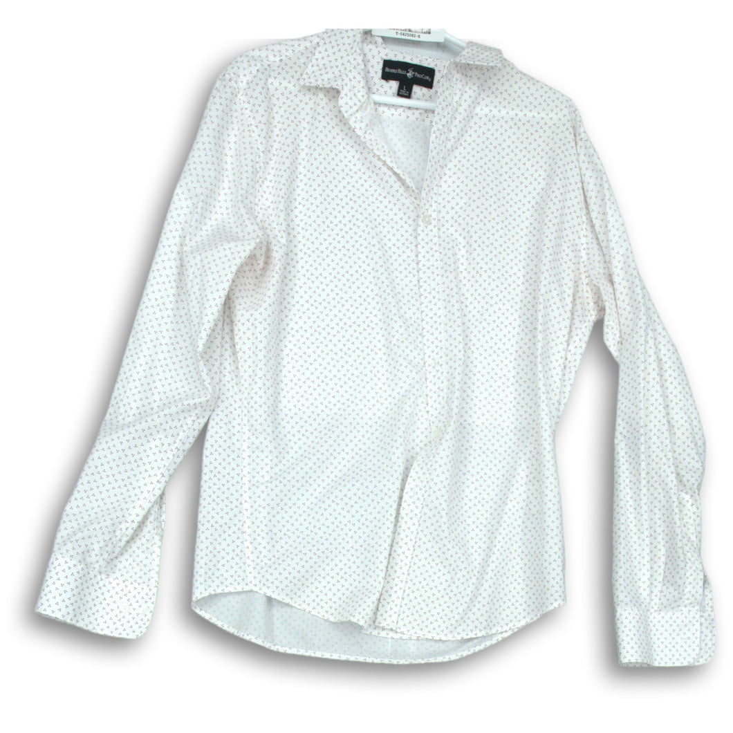 Beverly Hills Polo Club Mens White Pink Geometric Button-Up Shirt Size L