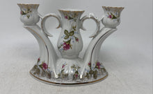 Load image into Gallery viewer, Vintage Chodziez White Ceramic Floral Gold Trim Three Arm Candlestick Holder
