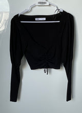 Load image into Gallery viewer, Zara Womens Black Long Sleeve Collarless Pullover Cropped Blouse Top Size Small
