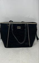 Load image into Gallery viewer, Victor Hugo Womens Black Monogram Embossed Leather Double Handle Tote Handbag
