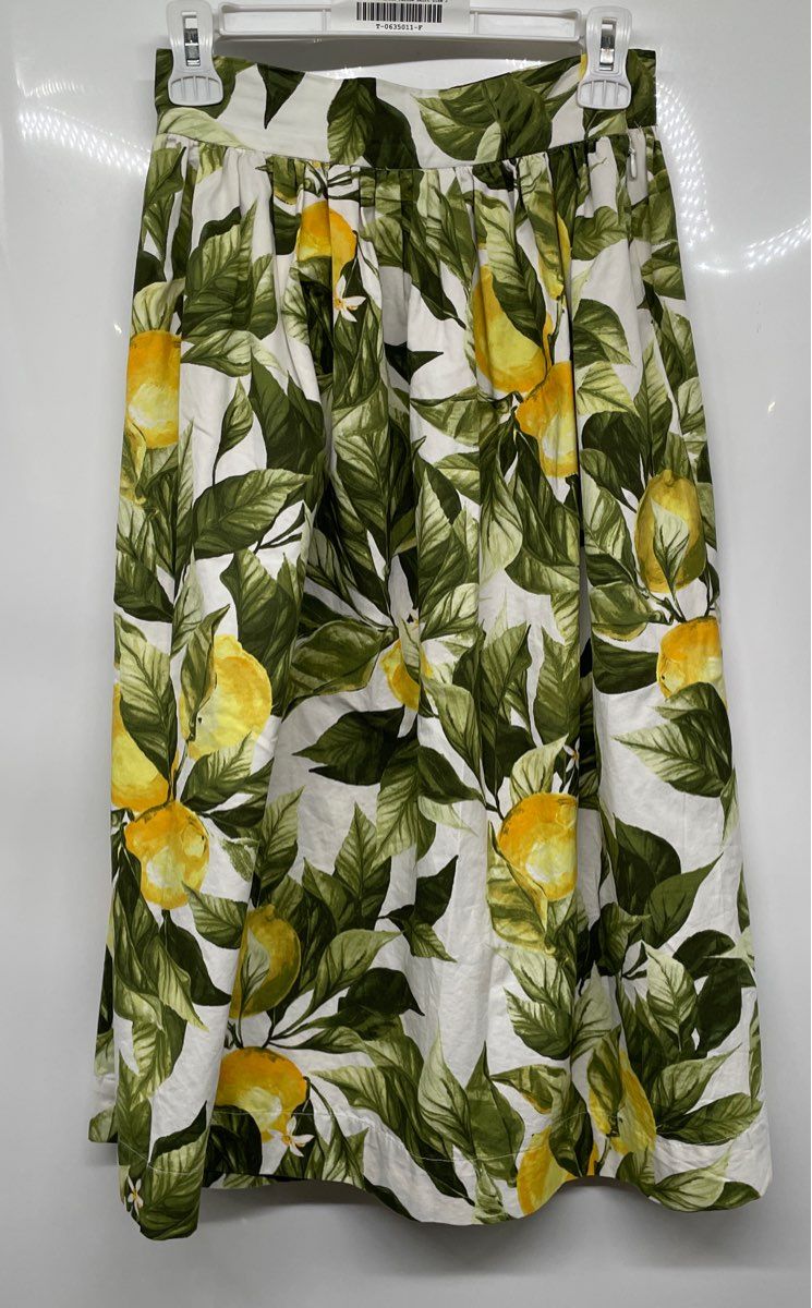 H&M Womens Green Yellow Leaf Lemon Print Pleated Maxi Skirt Size 2