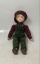 Load image into Gallery viewer, Blonde Hair Home Decorative Porcelain Doll With Green Corduroy Overalls &amp; Hat
