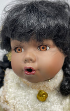 Load image into Gallery viewer, Petite Porcelains By Barbara Lee Curly Black Hair Plush Bear Cream Outfit Doll
