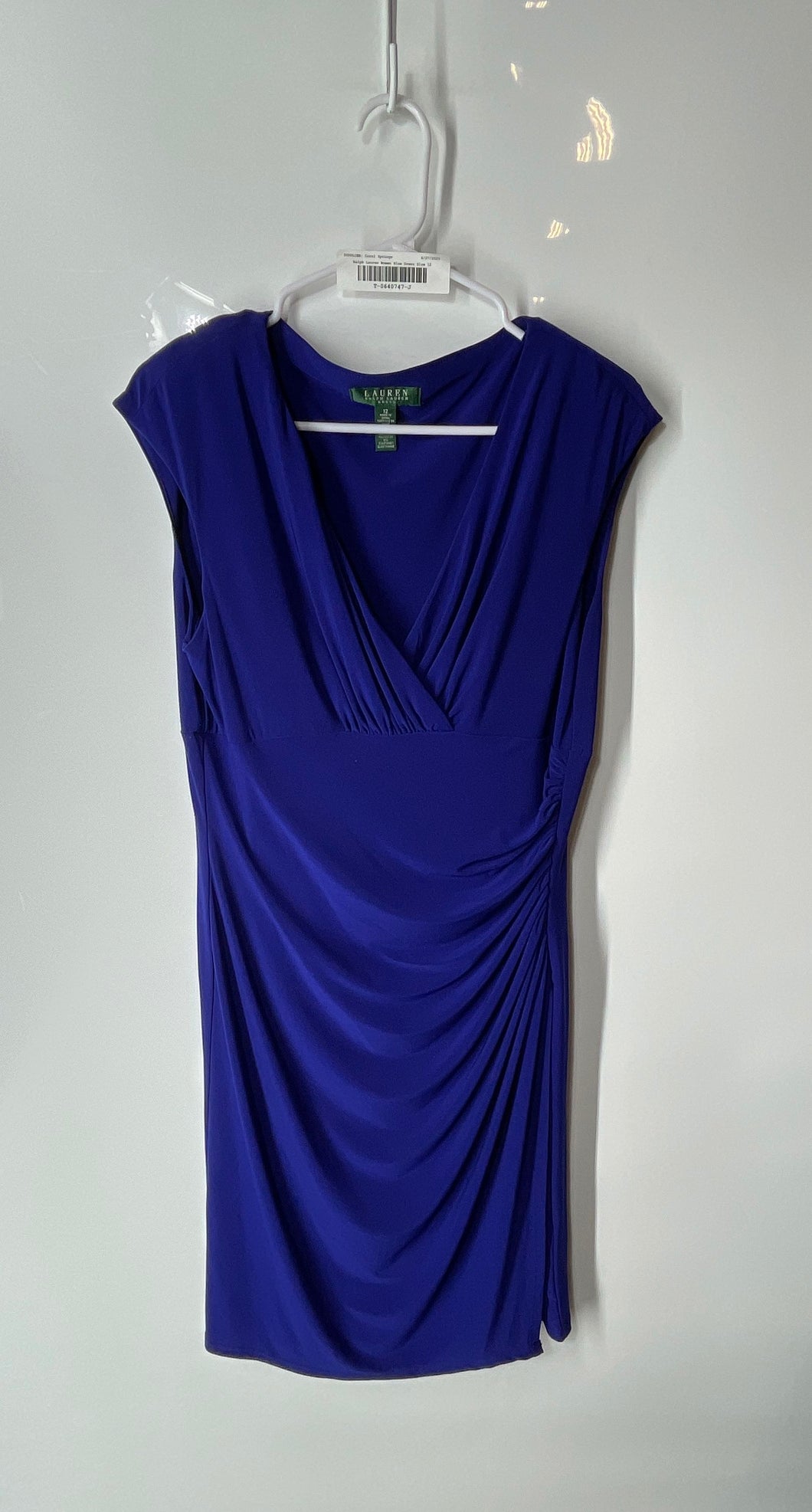 Ralph Lauren Womens Blue Ruched Pleated Cap Sleeve V-Neck Sheath Dress Size 12