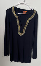 Load image into Gallery viewer, Tory Burch Womens Navy Blue Gold Beaded Split Neck Tunic Blouse Top Size XS
