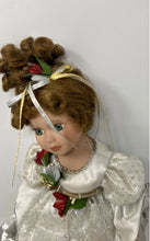 Load image into Gallery viewer, Blonde Curly Hair Green Eyes Porcelain Doll In Removable White Maxi Dress
