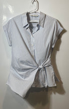 Load image into Gallery viewer, Zara Womens Blue White Striped Cuffed Short Sleeve Button Front Blouse Top Sz L
