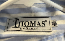 Load image into Gallery viewer, Thomas England Mens White Blue Striped Long Sleeve Dress Shirt Size 39/15.5
