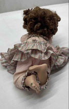 Load image into Gallery viewer, Brown Curly Hair And Blue Eyes Laying Down Girl Porcelain Doll In Pink Dress
