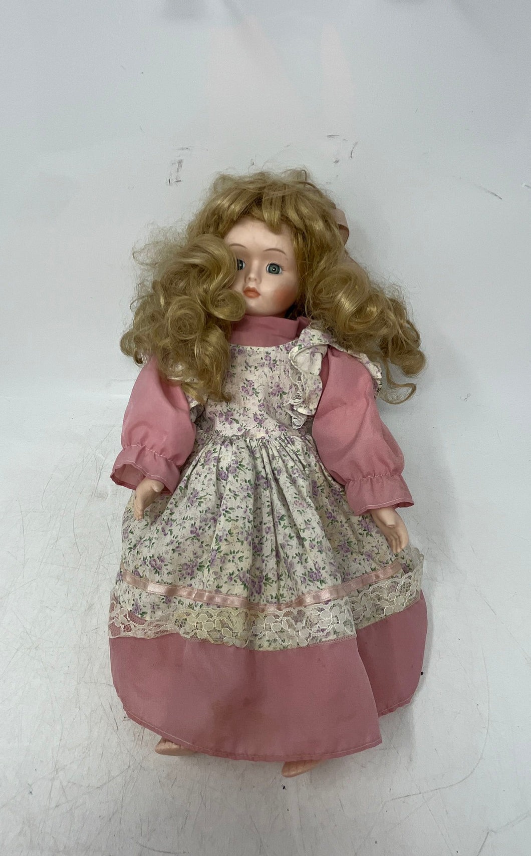 Vintage Blonde Curly Hair Green Eyes Porcelain Girl Doll In Cotton Floral Dress