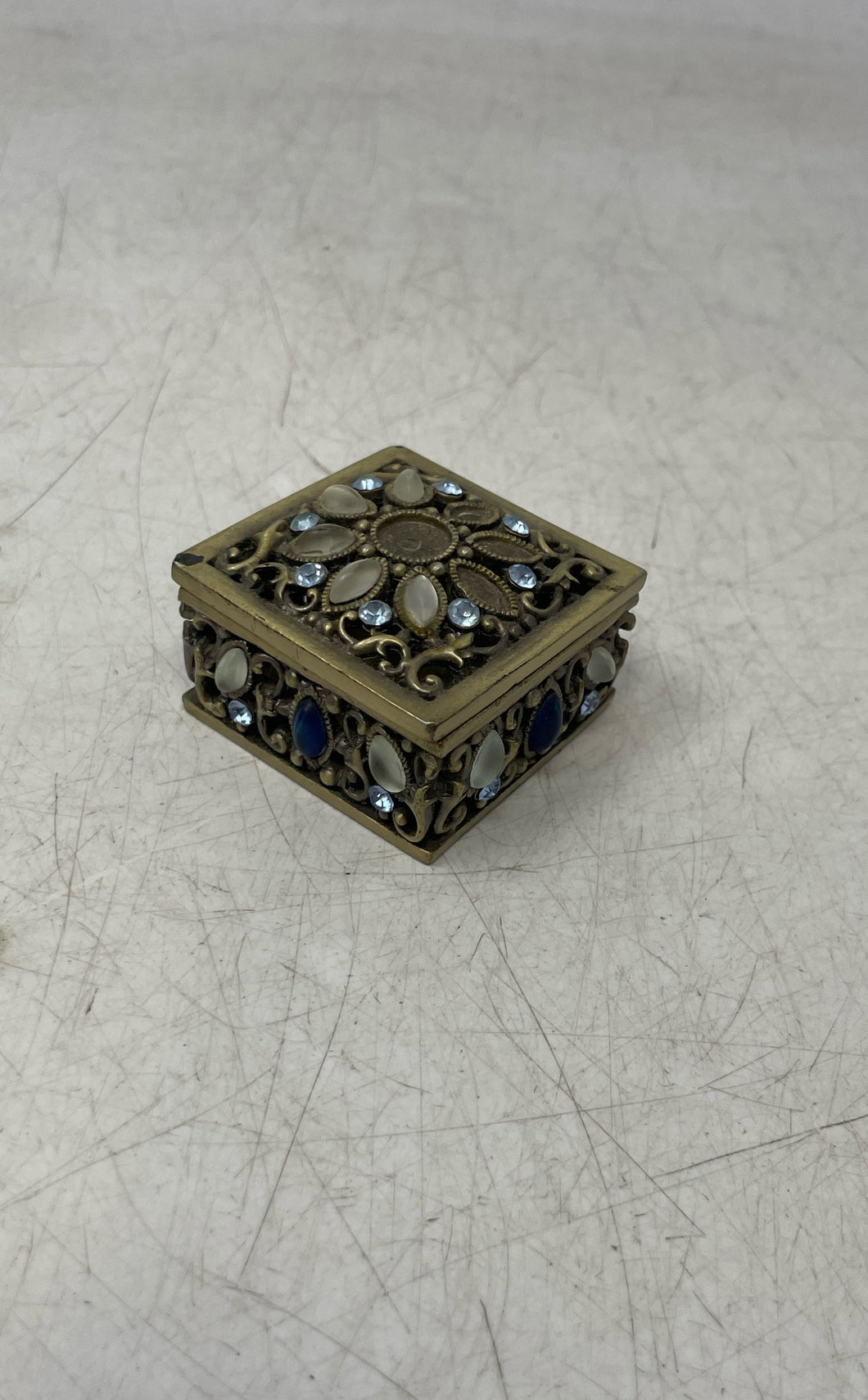 Metal And Rhinestone Jeweled White Blue Stones Trinket Box With Lid