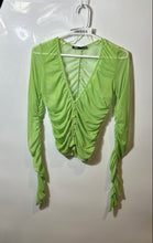 Load image into Gallery viewer, Zara Womens Green Long Sleeve V-Neck Ruched Button Front Cropped Blouse Top Sz S
