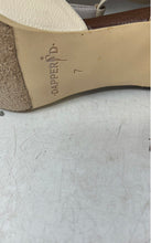 Load image into Gallery viewer, Dapper D Womens Dimitri Beige Printed Peep Toe Ankle Strap Heels Size 7
