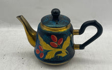 Load image into Gallery viewer, Multicolor Floral And Gold Metal Tray &amp; Teapot Set Collectible Not Tested
