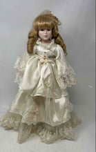 Load image into Gallery viewer, Blonde Curly Hair Blue Eyes Collectible Porcelain Doll In Off-White Maxi Dress
