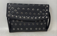Load image into Gallery viewer, Prune Womens Black Silver-Tone Faux Leather Studded Eyelet Flap Clutch Handbag
