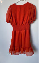Load image into Gallery viewer, Express Womens Orange Puff Sleeve V-Neck Smocked Ruffle Hem Mini Dress Size XS
